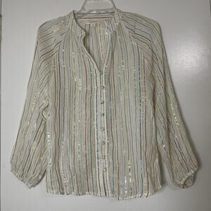 Anthropologie Valiante multi color metallic stripe ivory button front blouse XS